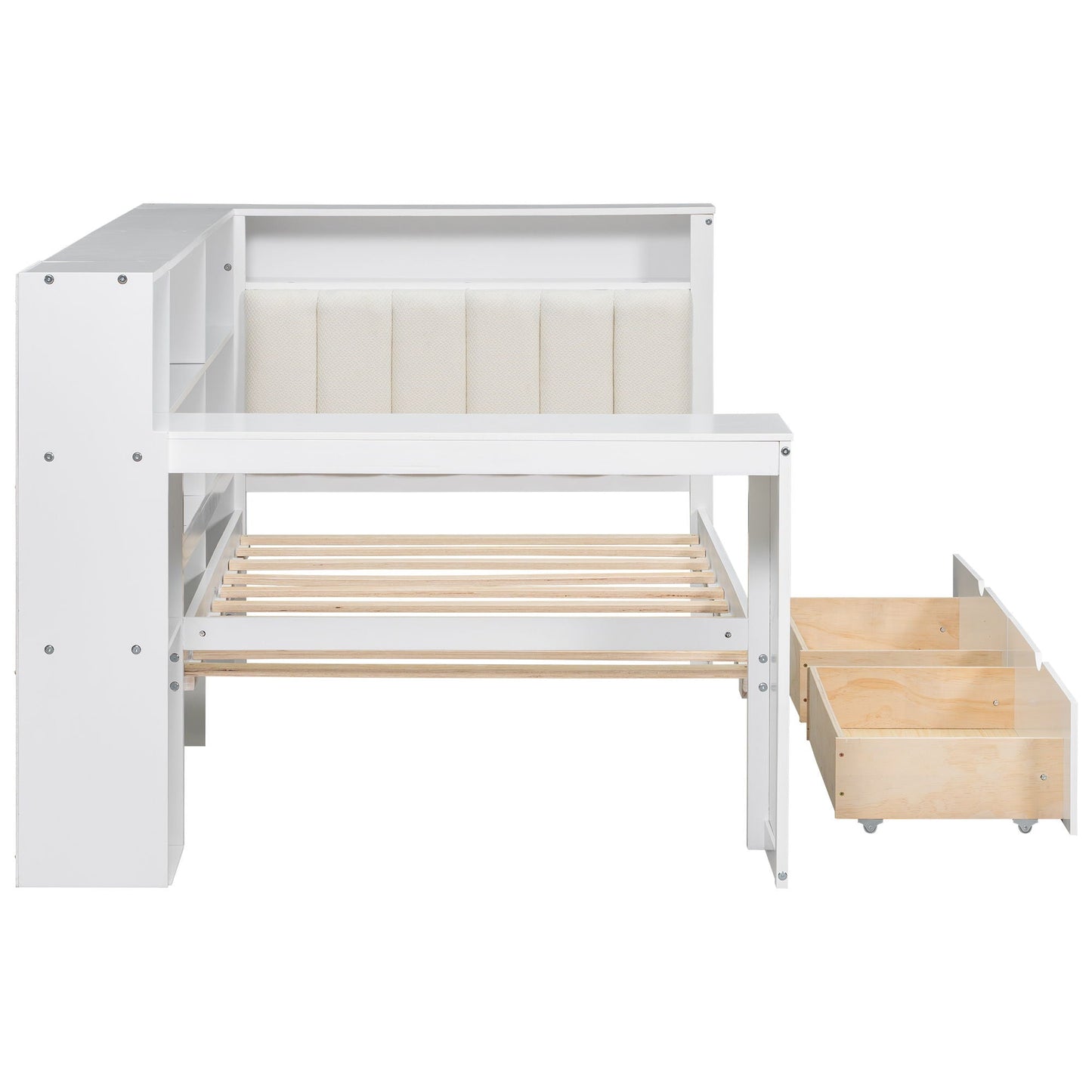 Platform storage bed white frame with beige upholstered headboard and built-in shelves on Tampa Home & Garden Store