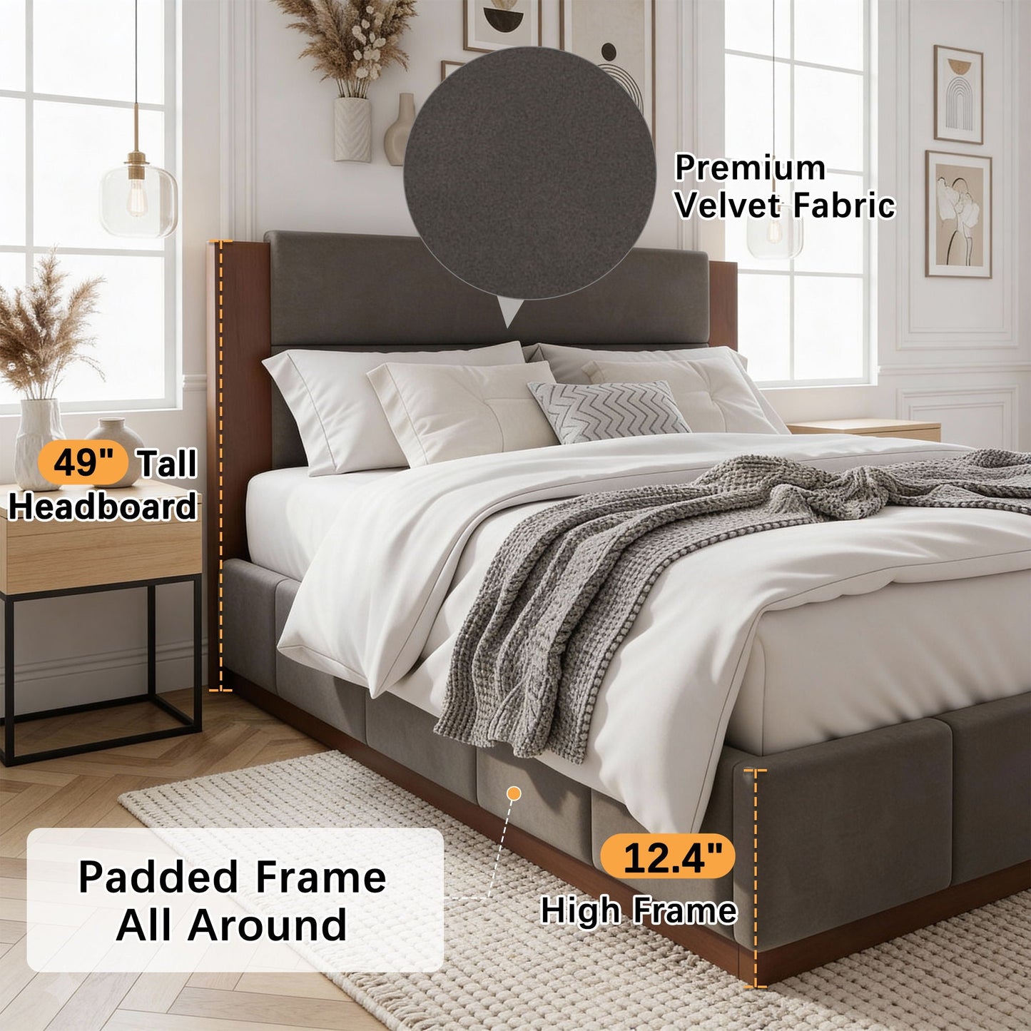 Modern upholstered platform bed by HouseOfZazla with a 49in tall velvet headboard in gray on Tampa Home & Garden Store