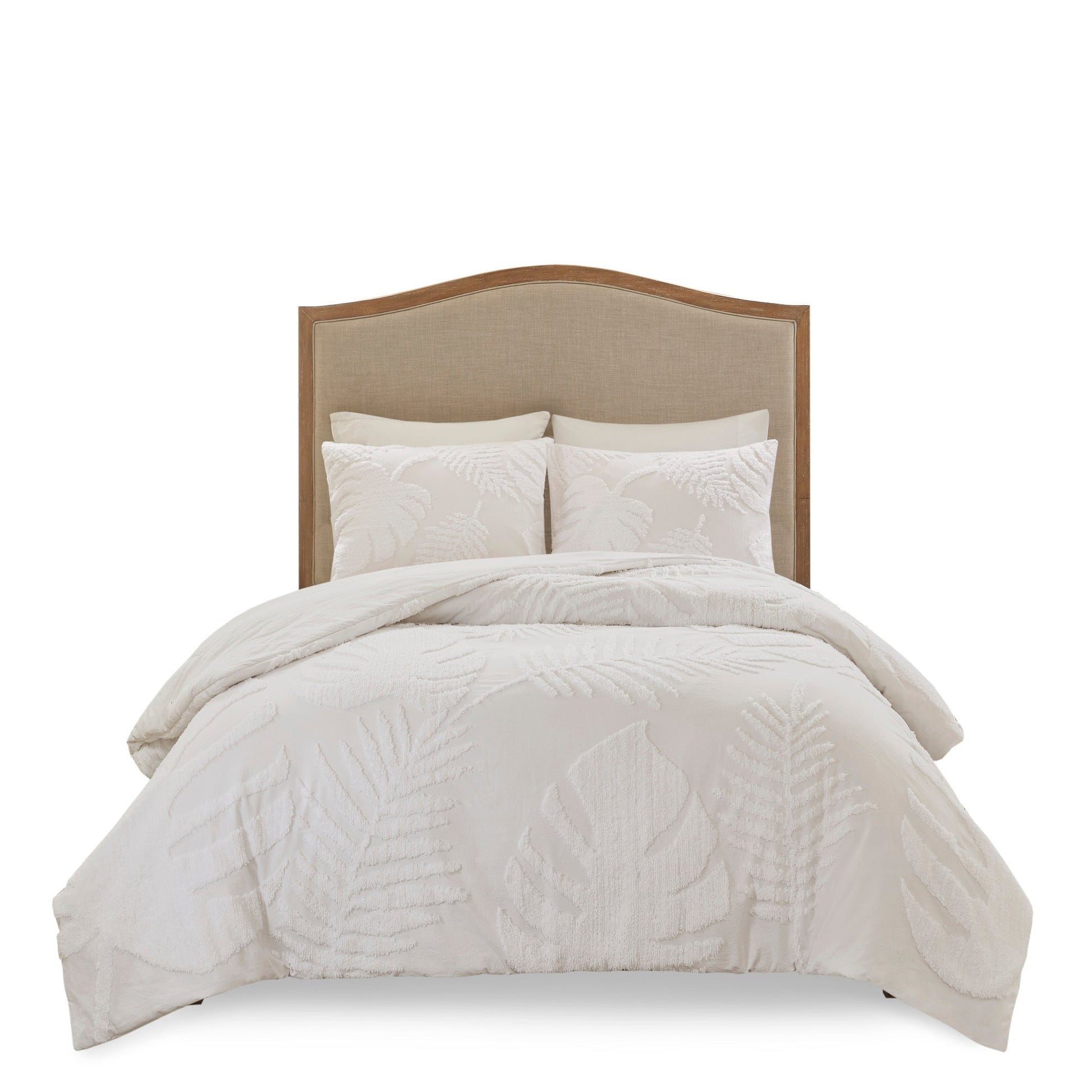 3 Piece Tufted Cotton Chenille Palm Comforter Set off-white with palm-pattern pillows on bed on Tampa Home & Garden Store