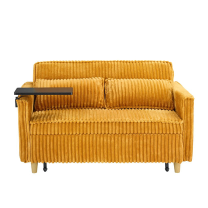 Pull-out sleeper sofa in mustard corduroy with a black movable tabletop on Tampa Home & Garden Store