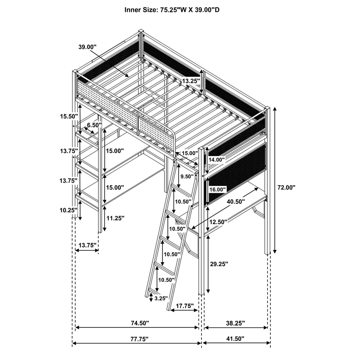 William Twin Loft Bed 3 Shelf With Built-In Desk Matte Black HouseOfZazla loft bed diagram on Tampa Home & Garden Store
