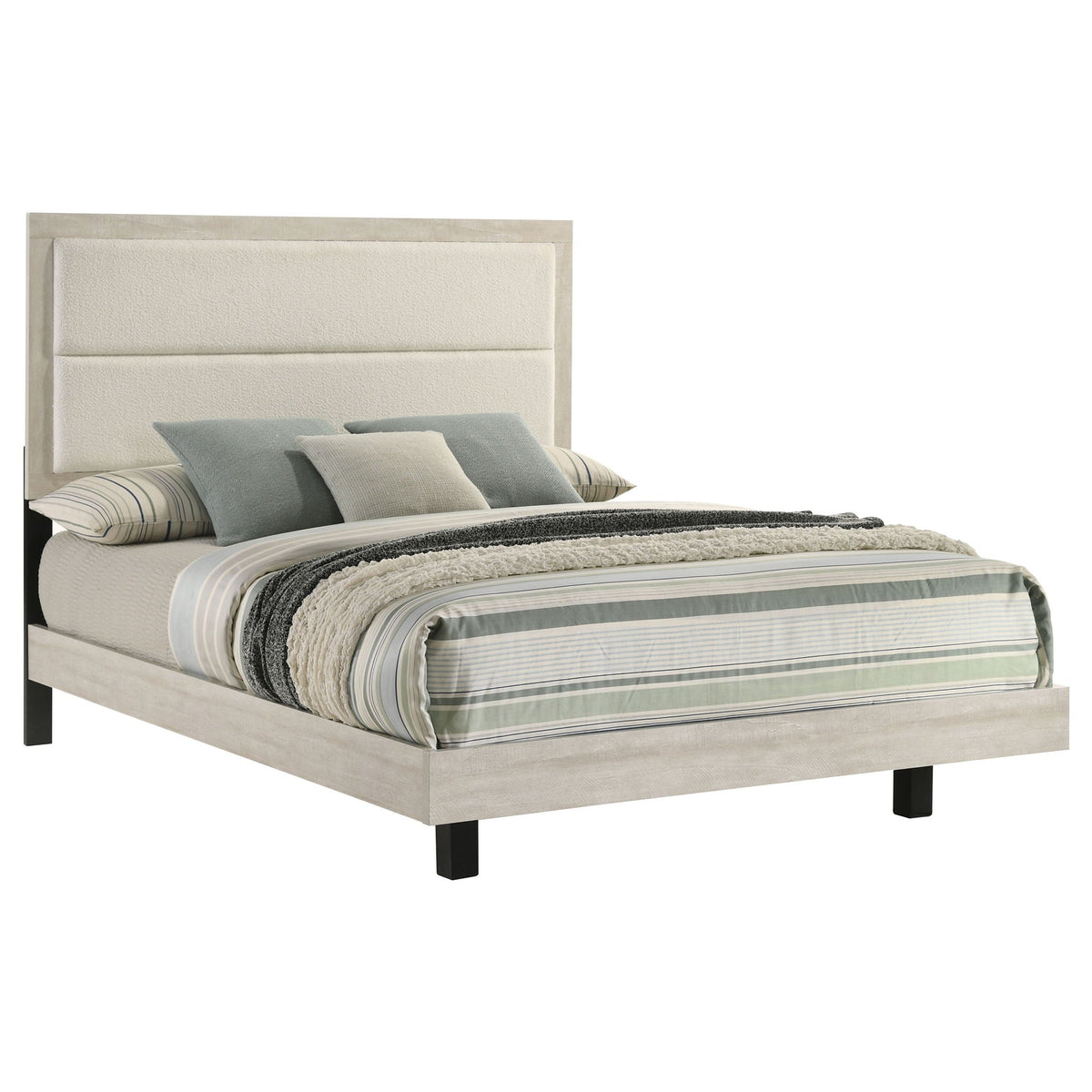 Queen panel bed with a beige upholstered headboard in a rustic finish by HouseOfZazla on Tampa Home & Garden Store