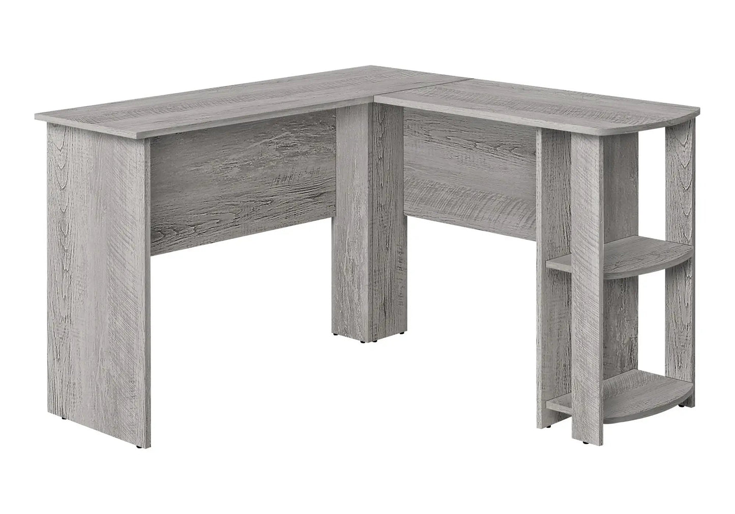L-shaped corner desk in grey wood grain with storage for laptop on Tampa Home & Garden Store