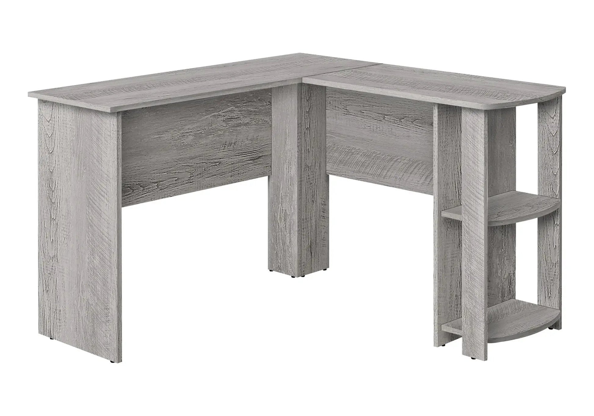 L-shaped corner desk in grey wood grain with storage for laptop on Tampa Home & Garden Store