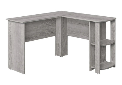 L-shaped corner desk in grey wood grain with storage for laptop on Tampa Home & Garden Store