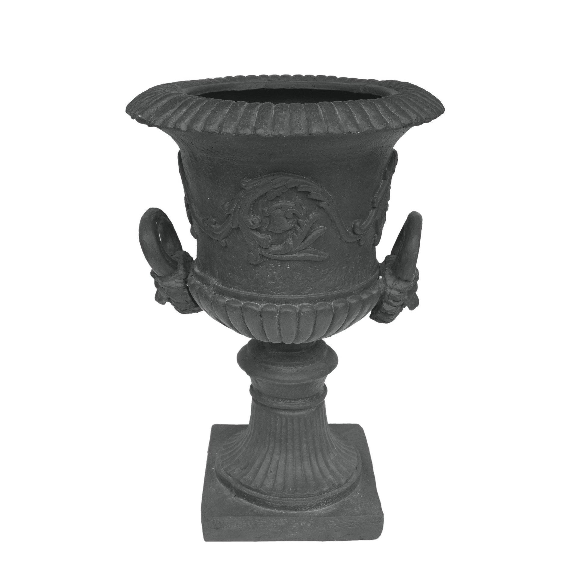 MGO Garden Urn Planter, black finish with ribbed rim and ornate relief details on Tampa Home & Garden Store