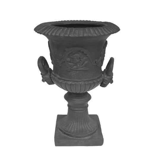MGO Garden Urn Planter, black finish with ribbed rim and ornate relief details on Tampa Home & Garden Store