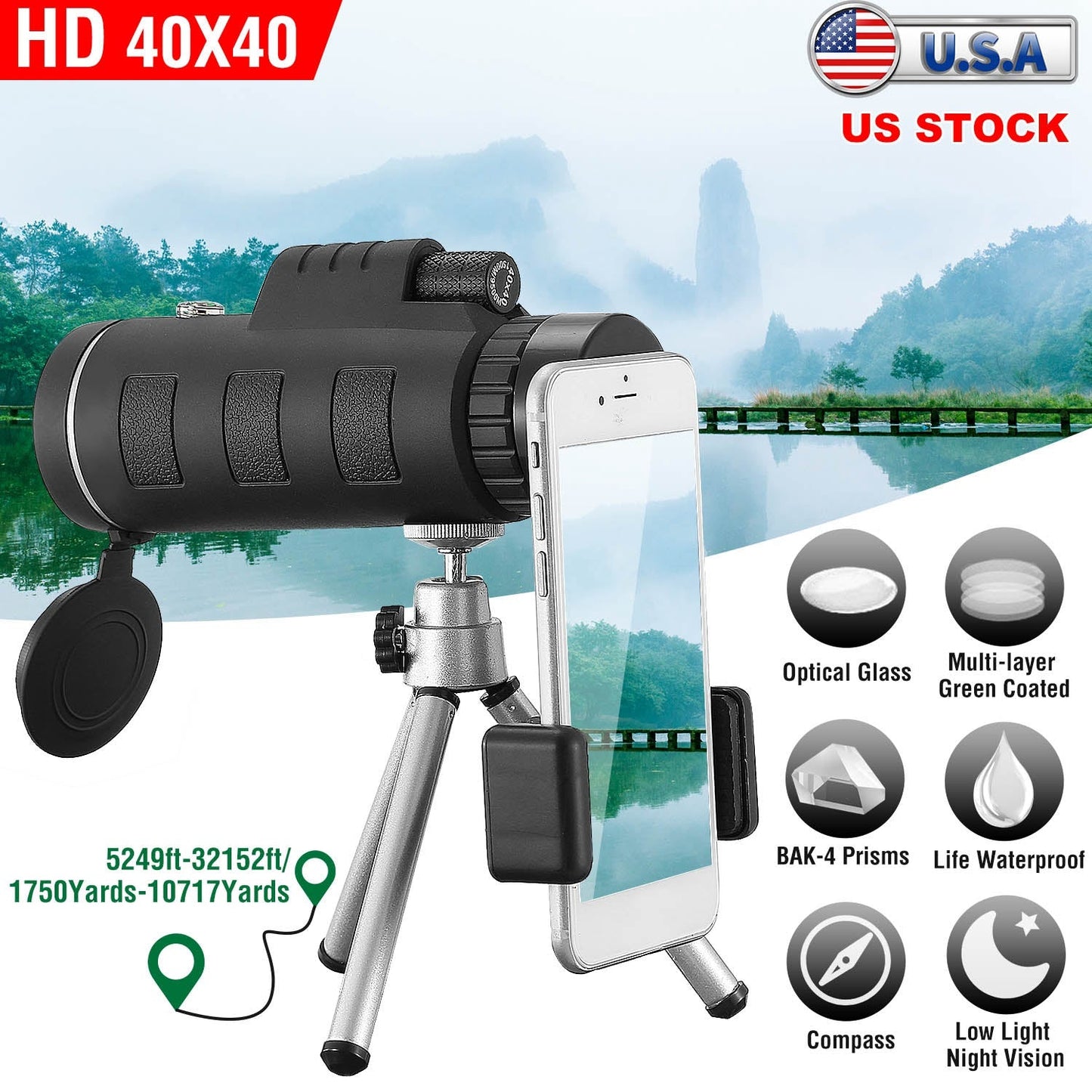 40x40 HD Optical Monocular Telescope with FMC Lens, black body, phone holder and tripod on Tampa Home & Garden Store