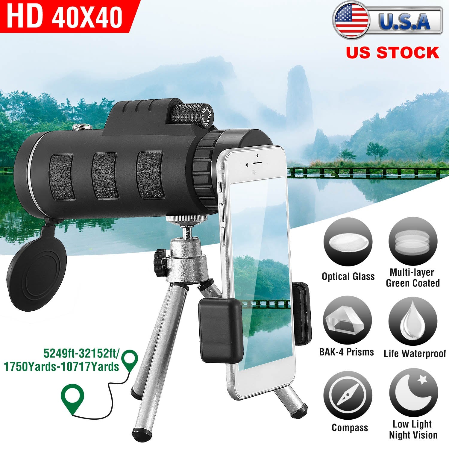 40x40 HD Optical Monocular Telescope with FMC Lens, black body, phone holder and tripod on Tampa Home & Garden Store