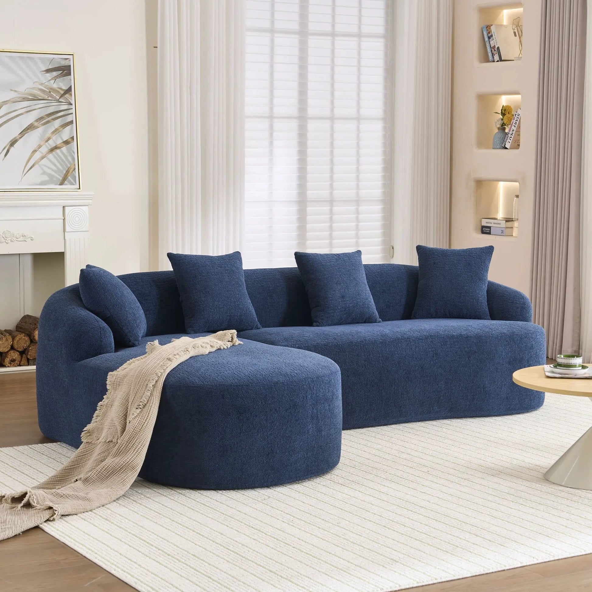 Combined sofa with 4 pillows blue upholstery stationary sectional on Tampa Home & Garden Store