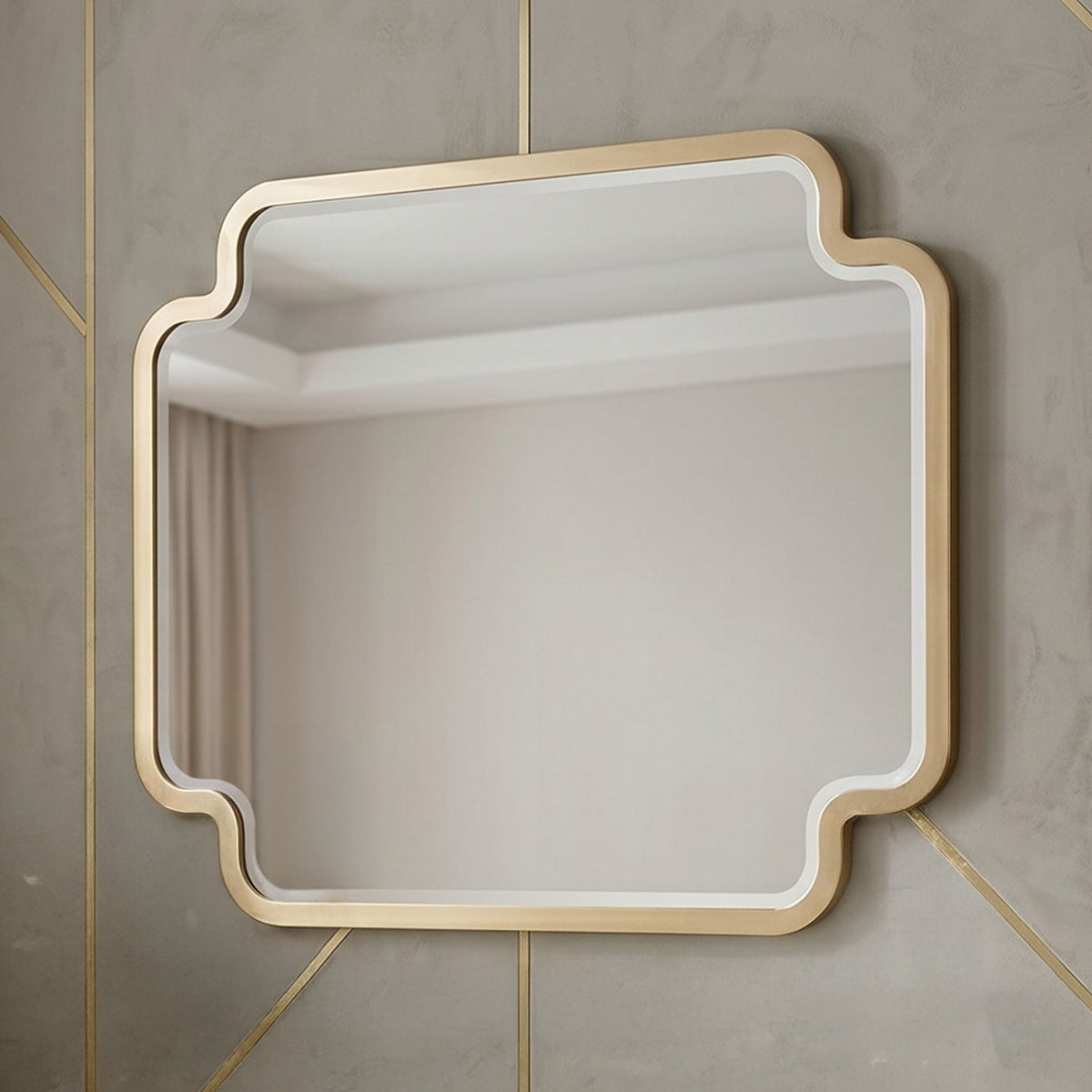 Lexington Bedroom Mirror Beige wall mirror with gold-tone scalloped corners HouseOfZazla on Tampa Home & Garden Store