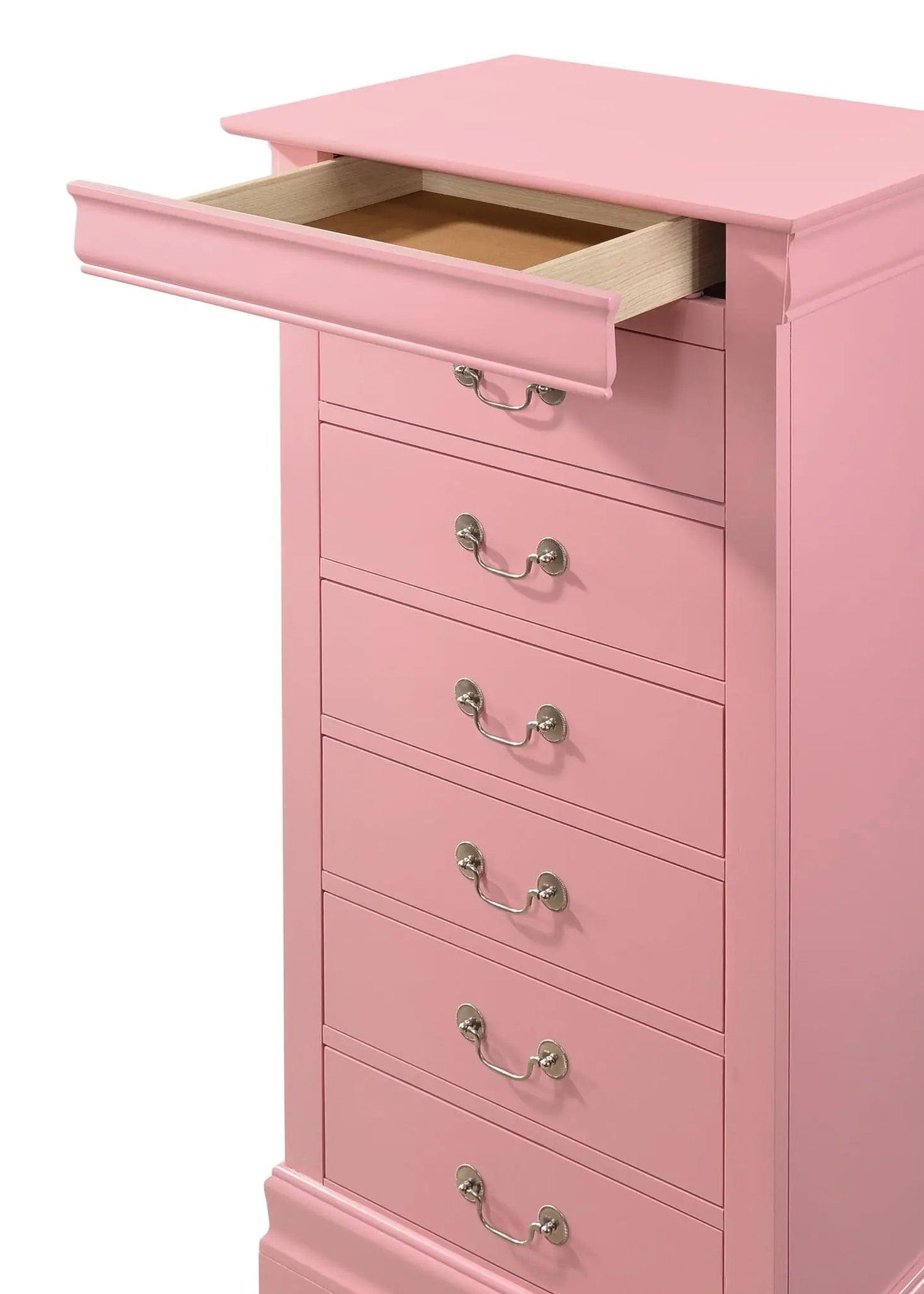 Traditional style pink lingerie storage chest with silver hardware and an open top drawer on Tampa Home & Garden Store