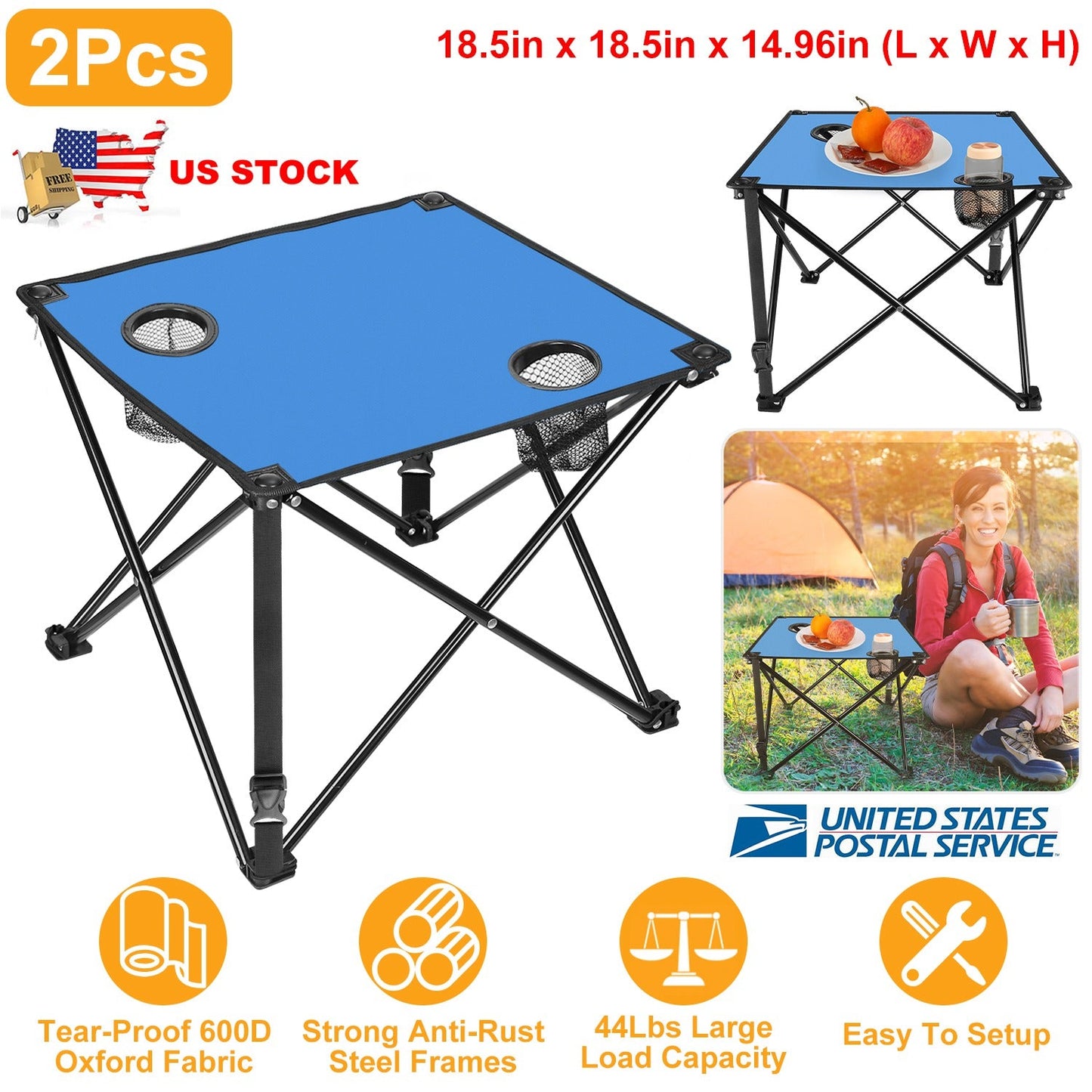 2Pcs GemGear Foldable Camping Table blue top with 2 cup holders and carrying bag on Tampa Home & Garden Store