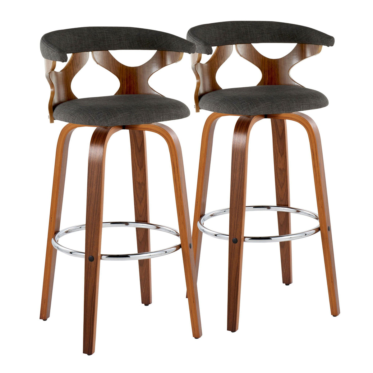 Mid Century Modern Swivel Barstool Set, 2 stools, dark gray upholstery, walnut legs on Tampa Home & Garden Store