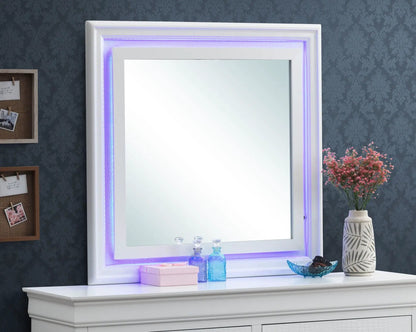 Lorana Transitional LED Mirror white frame with purple LED glow by Unique Piece Furniture on Tampa Home & Garden Store
