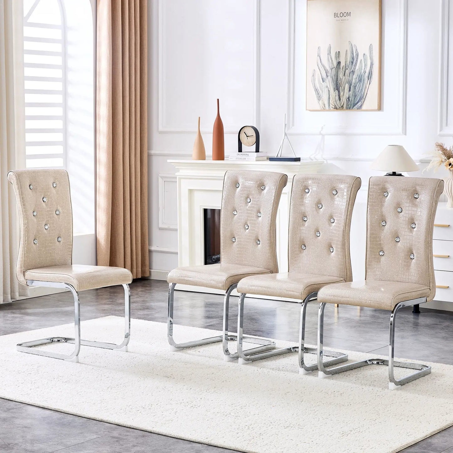 Elegant Design Upholstered Dining Chairs, beige upholstery, chrome cantilever legs, 4 chairs on Tampa Home & Garden Store