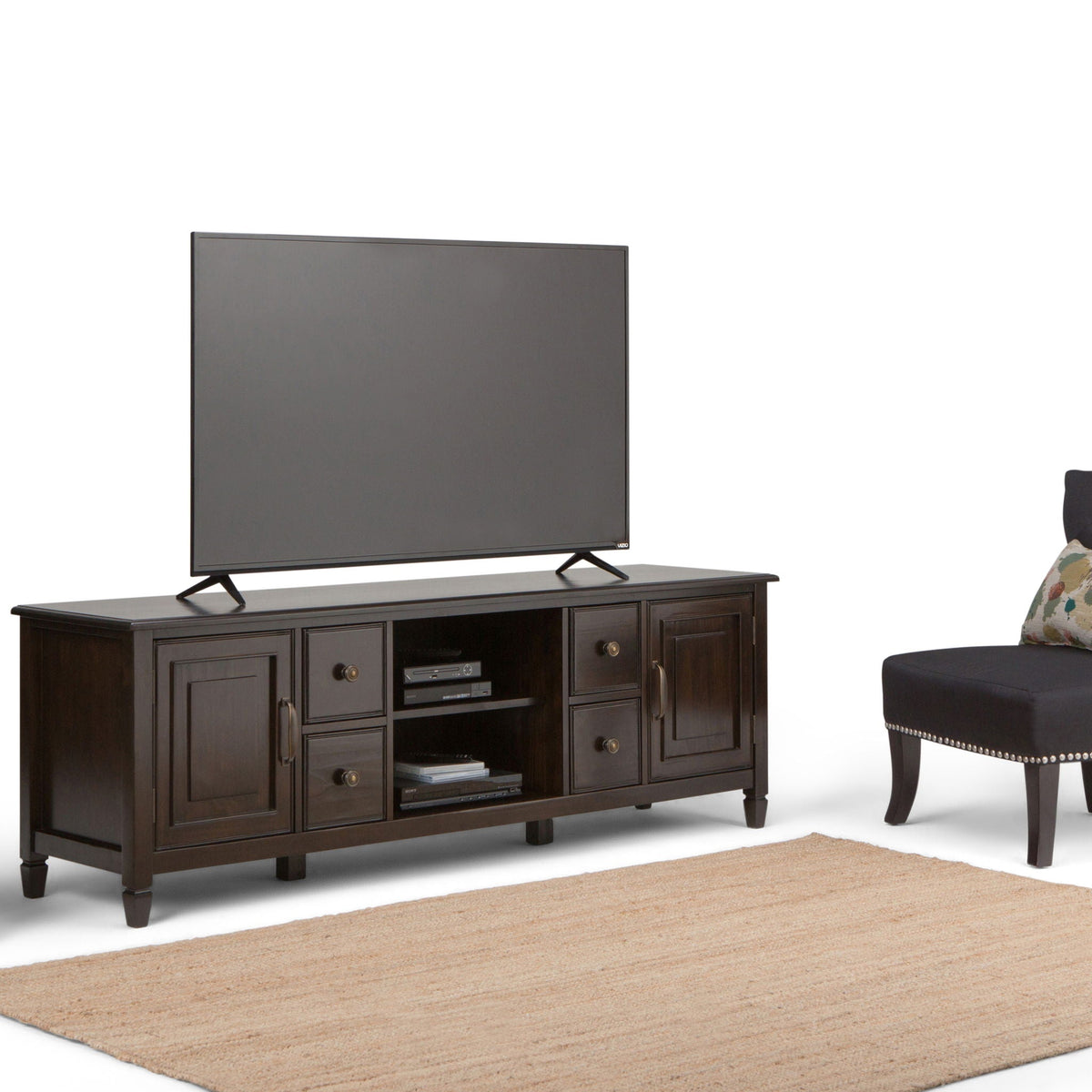 Sturdy solid wood TV stand with storage in dark espresso finish, multiple drawers and cabinets on Tampa Home & Garden Store