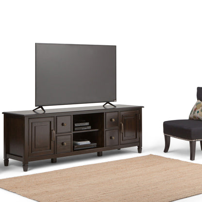 Sturdy solid wood TV stand with storage in dark espresso finish, multiple drawers and cabinets on Tampa Home & Garden Store