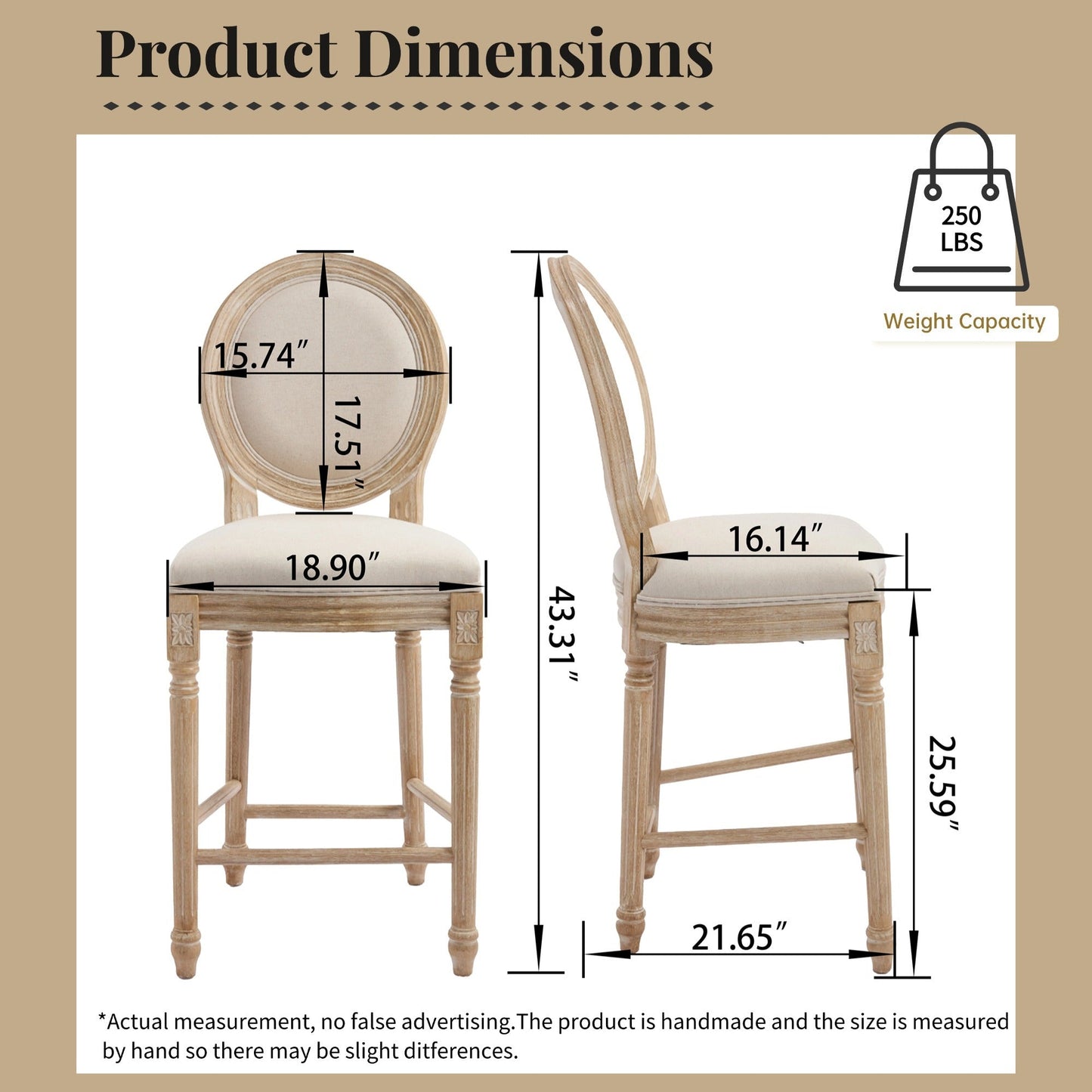 French Country 26in Height Bar Chairs Set of 2 with wood frame and beige cushions HouseOfZazla on Tampa Home & Garden Store