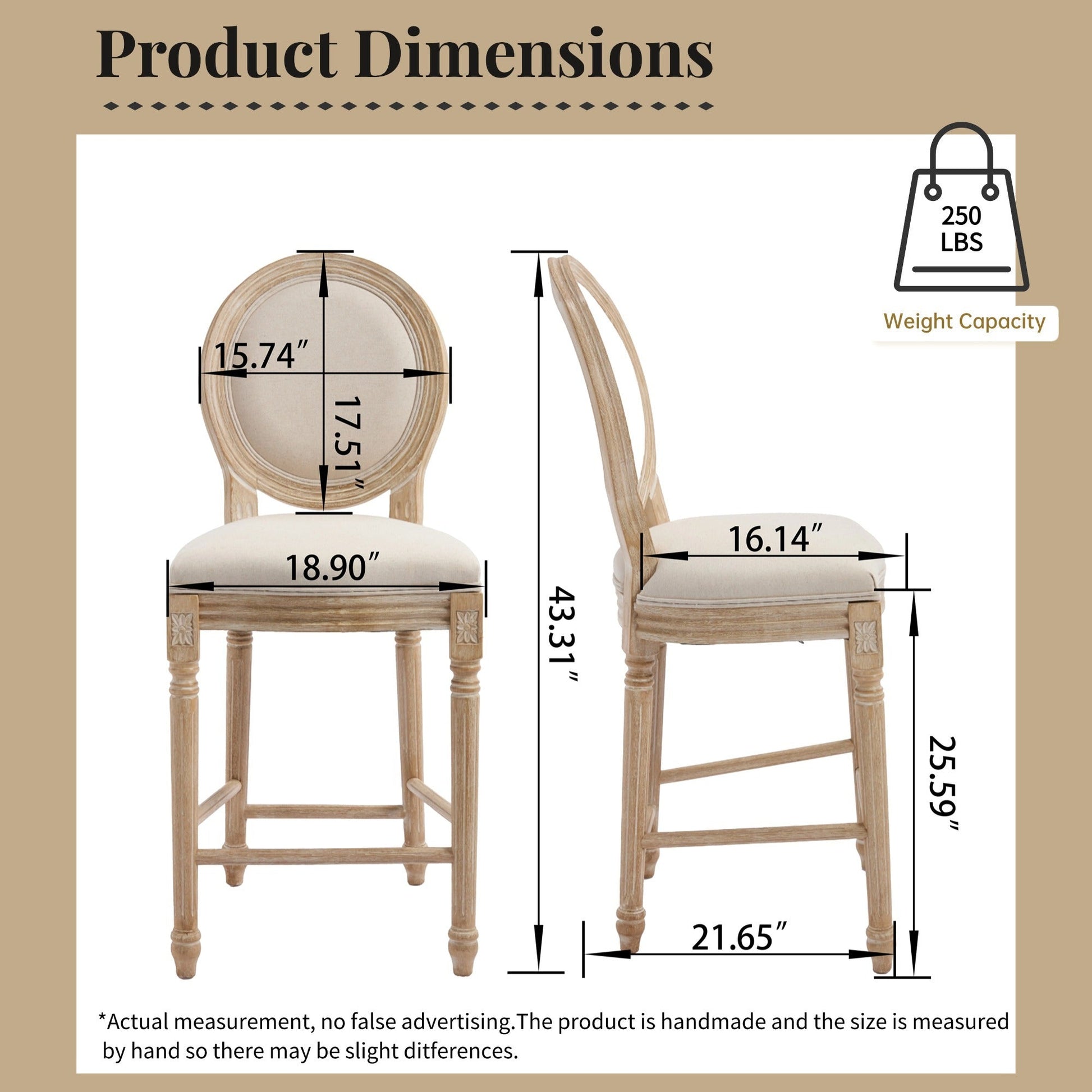 French Country 26in Height Bar Chairs Set of 2 with wood frame and beige cushions HouseOfZazla on Tampa Home & Garden Store