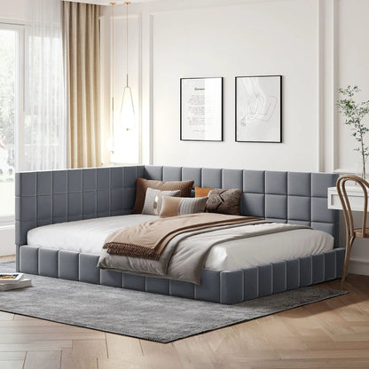 Full-size gray upholstered daybed with square-tufted sides, versatile sofa bed frame on Tampa Home & Garden Store