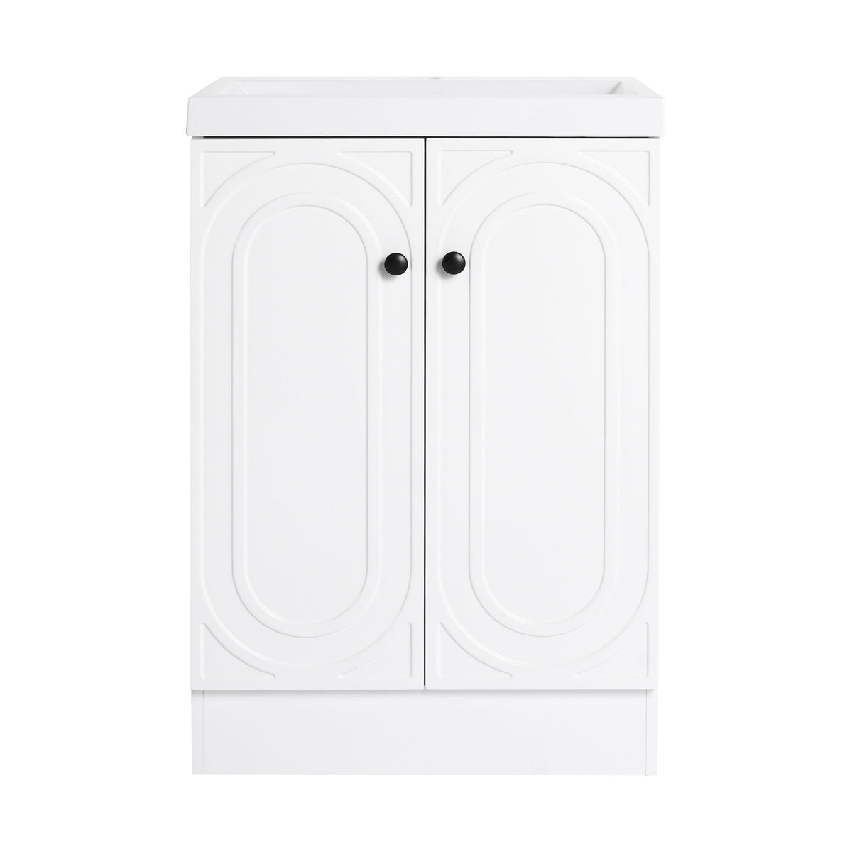 Freestanding bath vanity with resin sink, white double-door cabinet, arched panel doors on Tampa Home & Garden Store