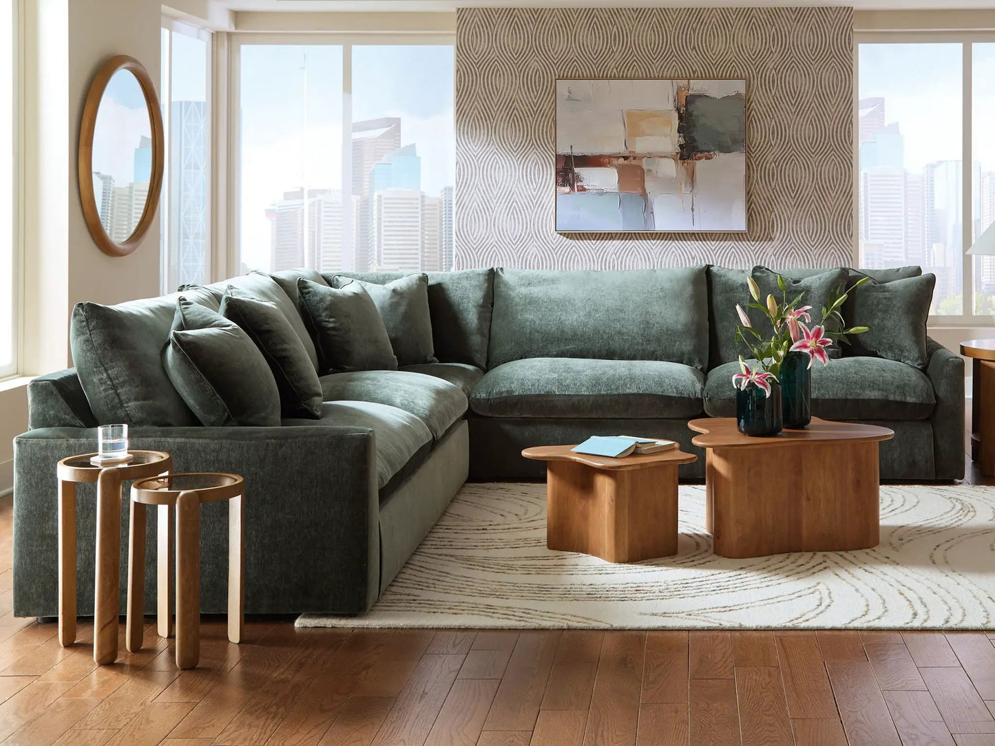 Carriage View 3-Piece Jade stationary sectional with green velvet in a modern living room on Tampa Home & Garden Store