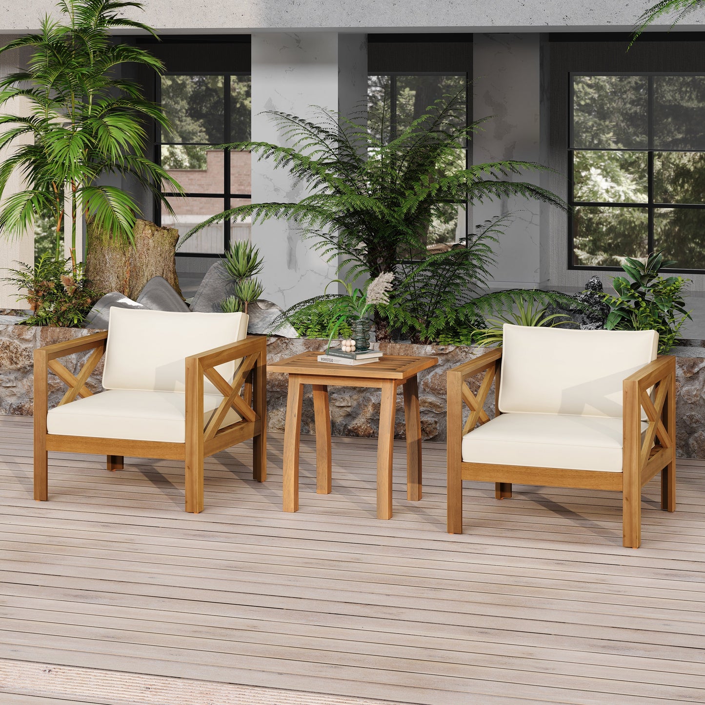 Patio Conversation Set with Acacia Wood Armchairs and End Table natural finish cream cushions on Tampa Home & Garden Store