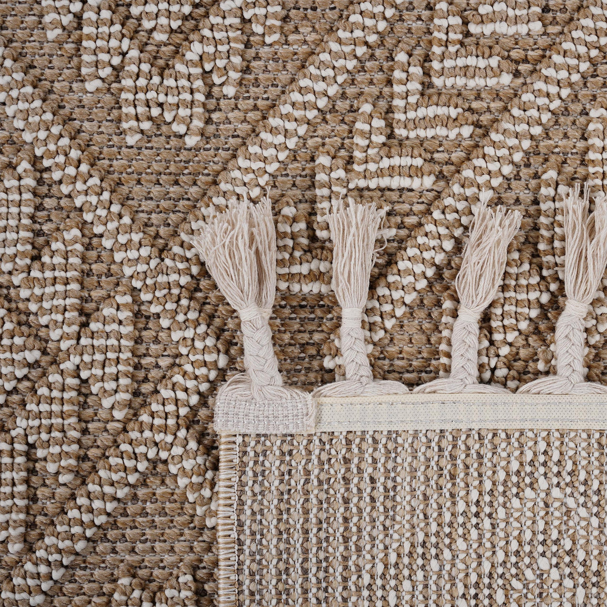 Guros A Synthetic Plush And Loop Area Rug tan and white woven loops with fringe on Tampa Home & Garden Store