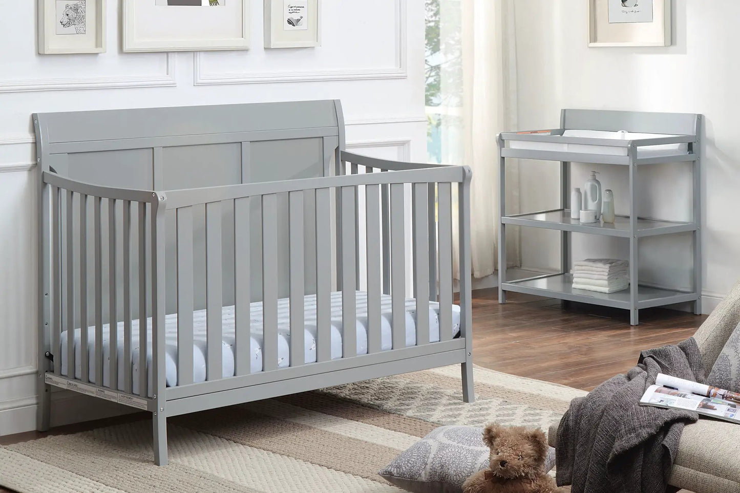 Shailee 4-in-1 Convertible Crib in gray by Unique Piece Furniture with matching changing table on Tampa Home & Garden Store