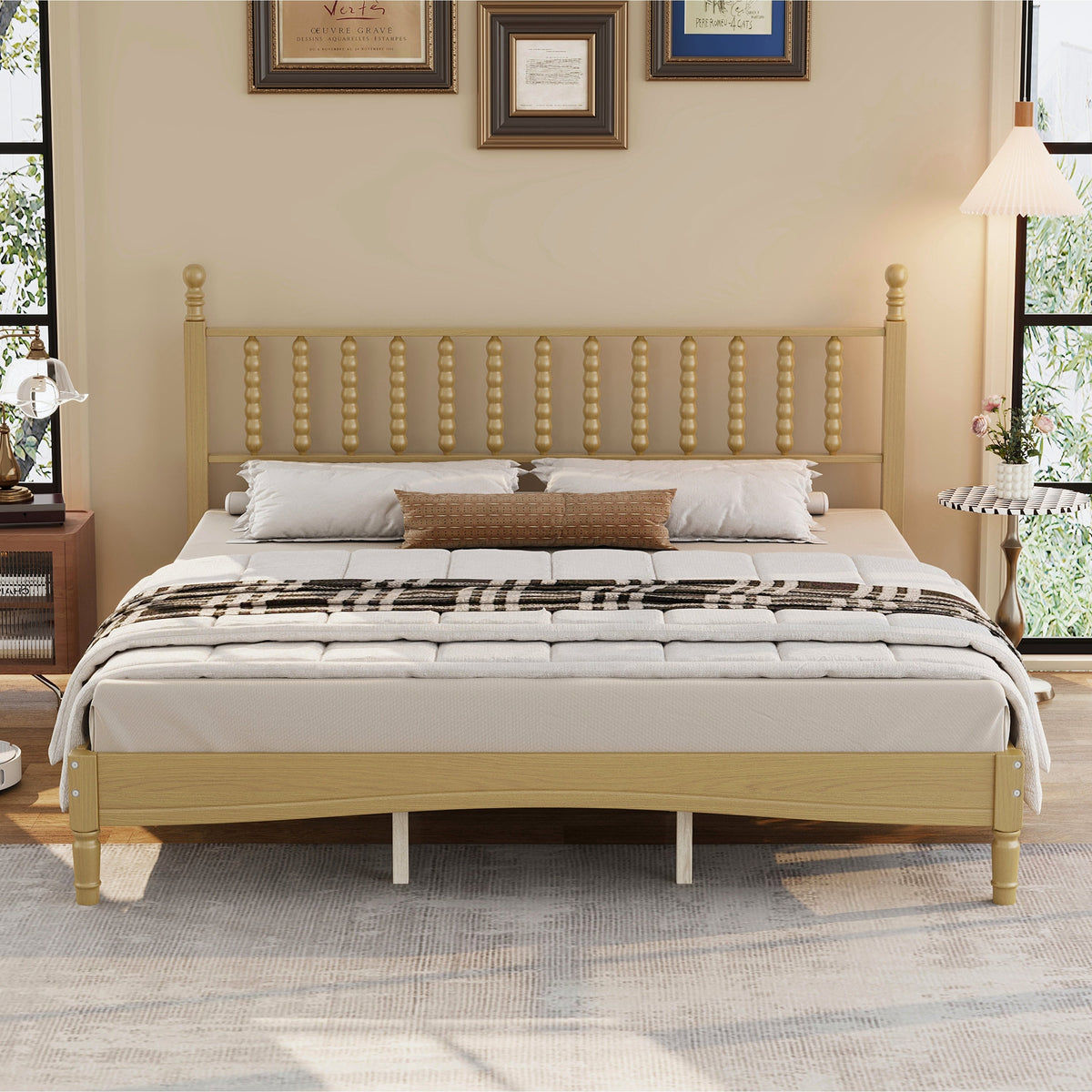 King size wood platform bed with gourd-shaped headboard in natural finish by HouseOfZazla on Tampa Home & Garden Store