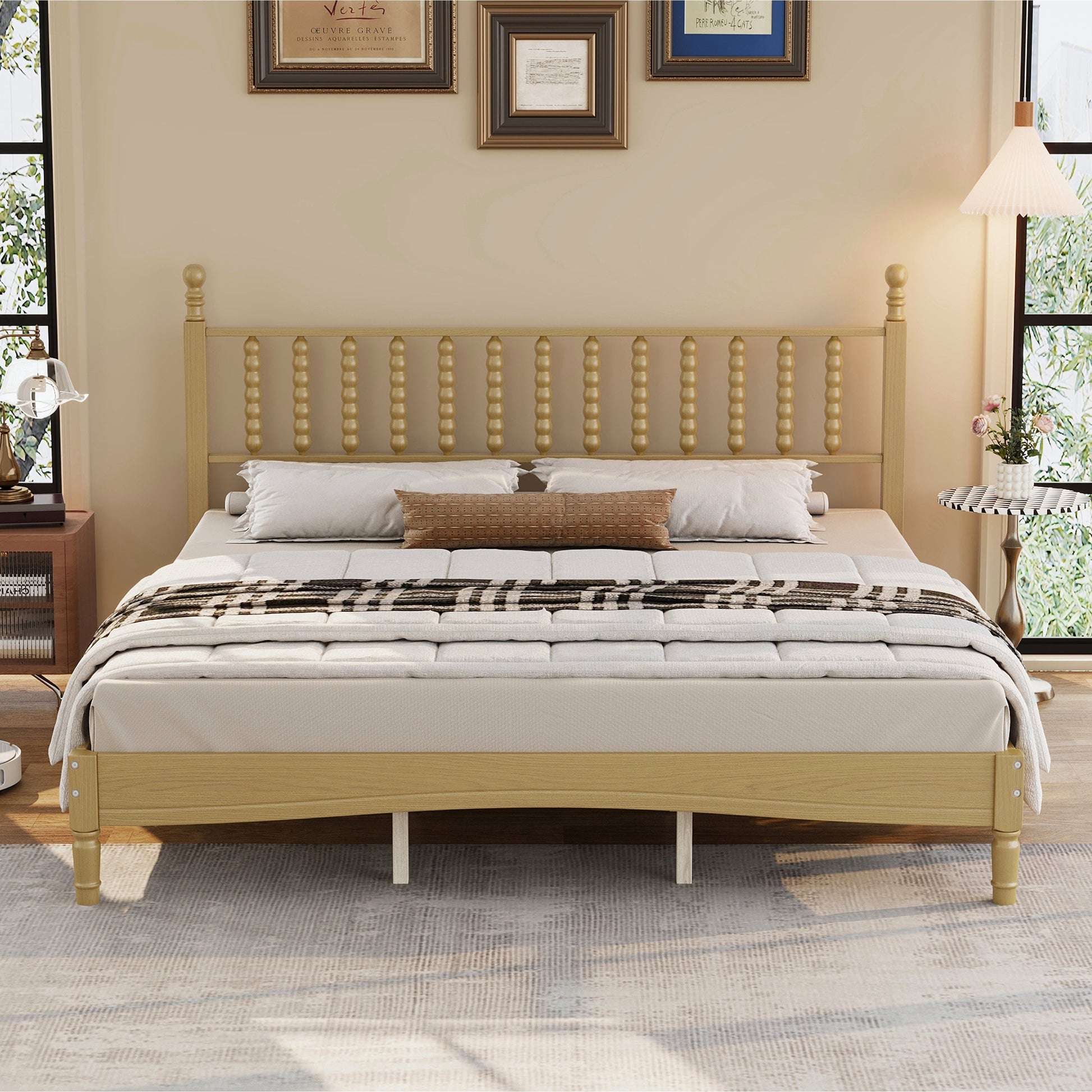 King size wood platform bed with gourd-shaped headboard in natural finish by HouseOfZazla on Tampa Home & Garden Store
