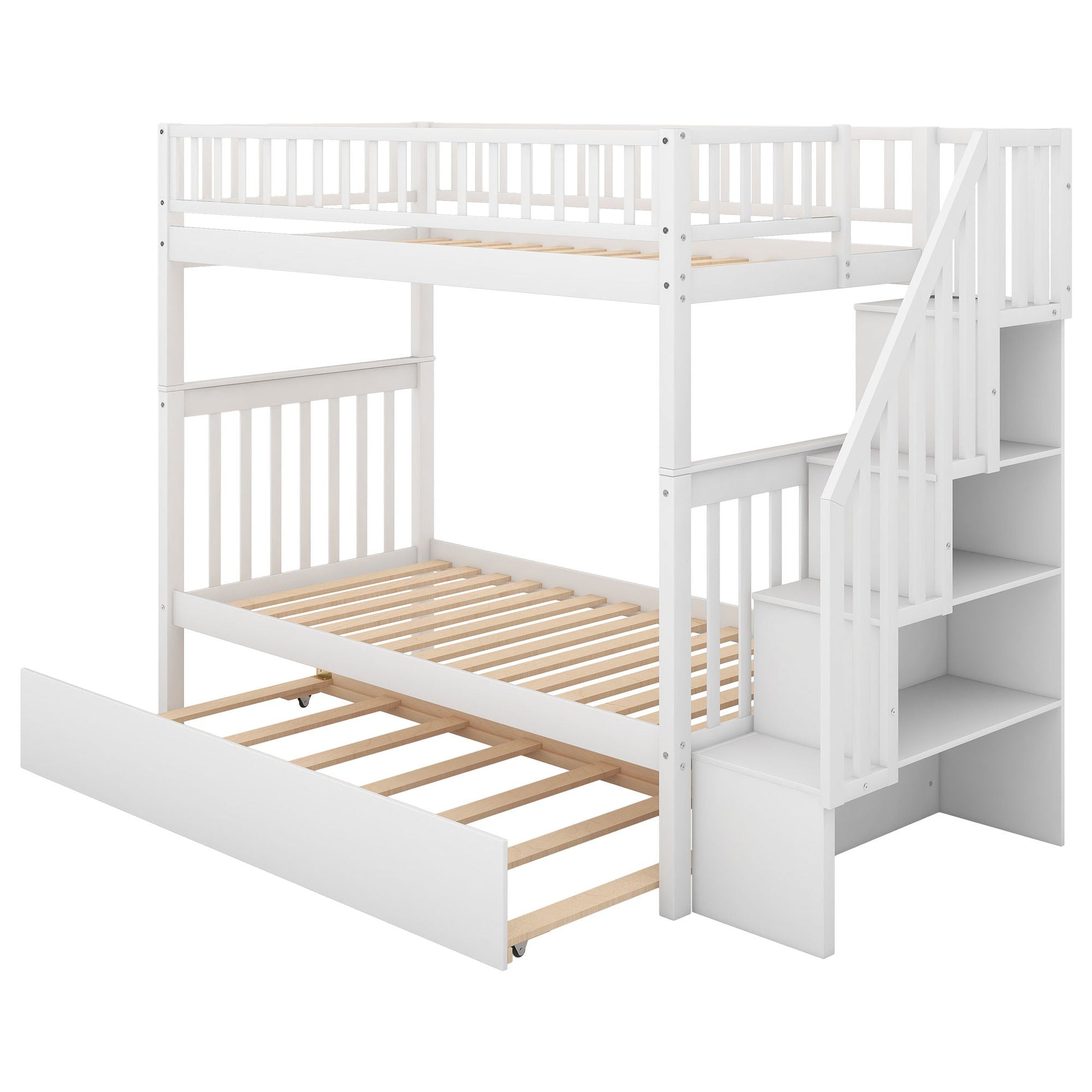 Bunk bed with staircase, white wooden two-level bunk bed with slatted guard rails by HouseOfZazla on Tampa Home & Garden Store
