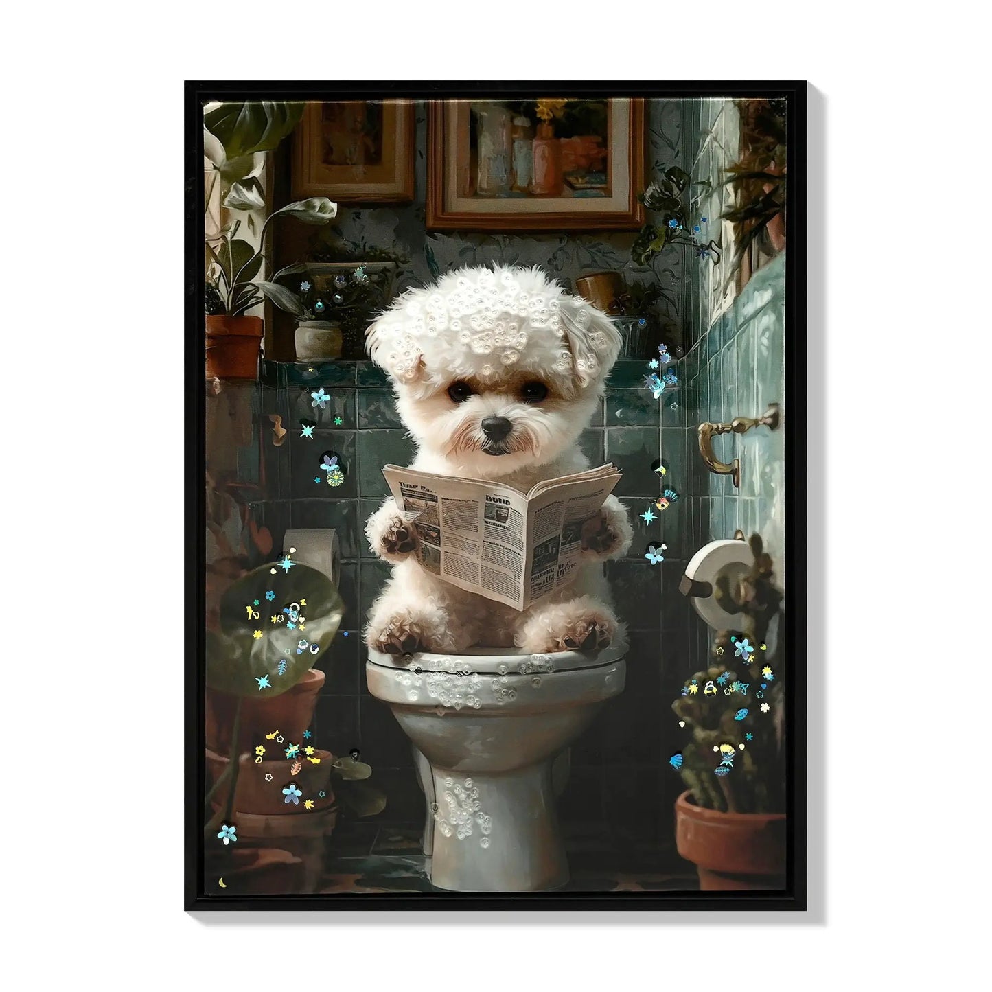 Framed Puppy Wall Art in Indigo and White