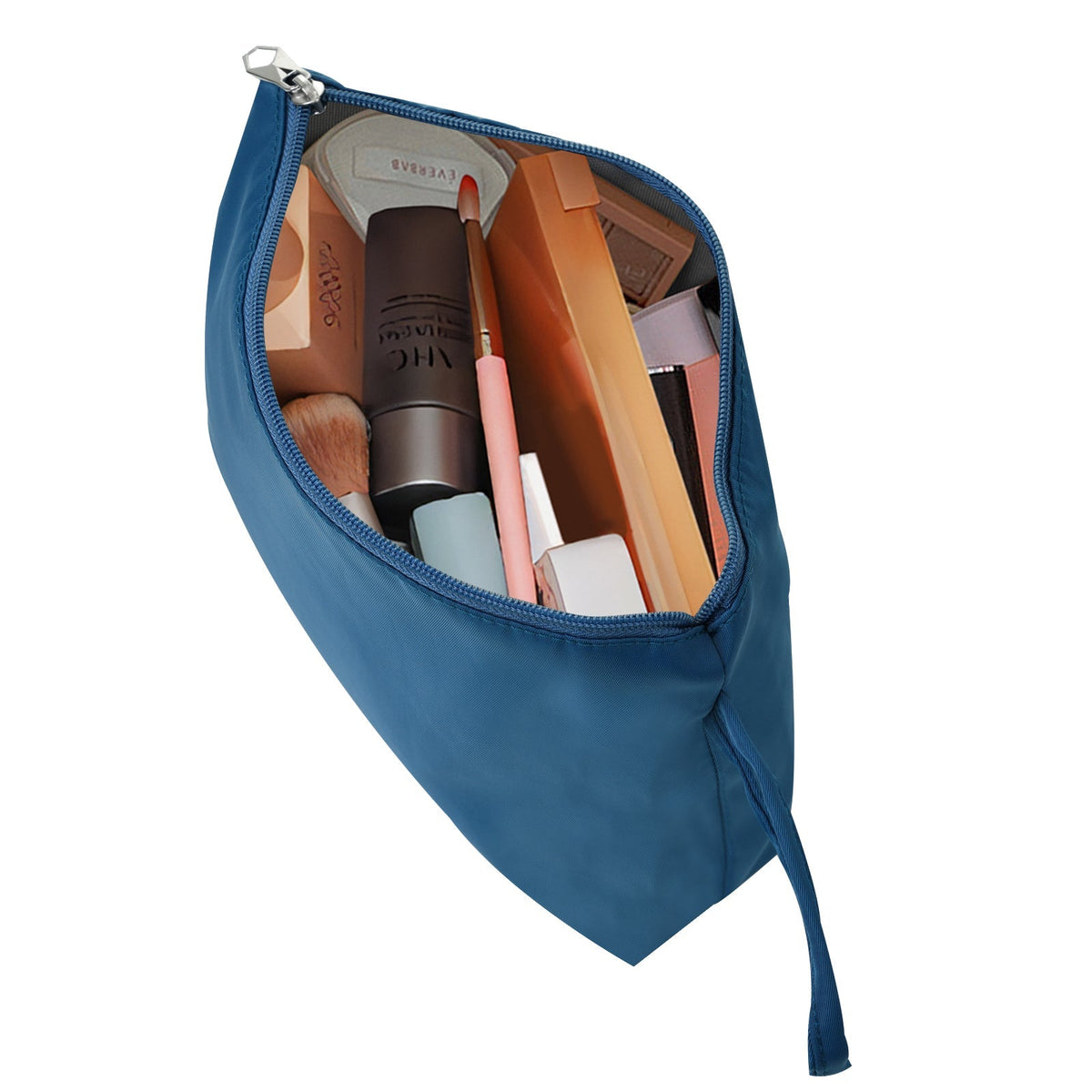 Cosmetic bag in blue open to reveal makeup items and brushes on Tampa Home & Garden Store