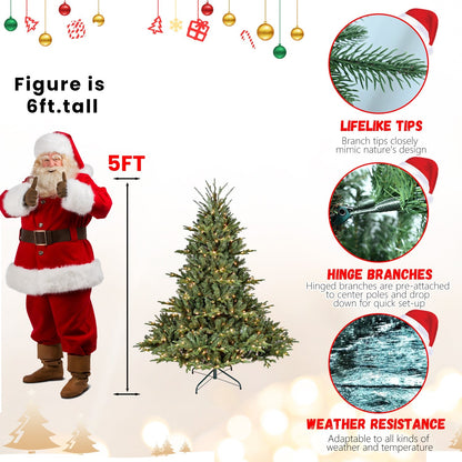 5FT The Full-Bodied Pre-Lit Evergreen Christmas Tree, HouseOfZazla, pre-lit hinged branches on Tampa Home & Garden Store