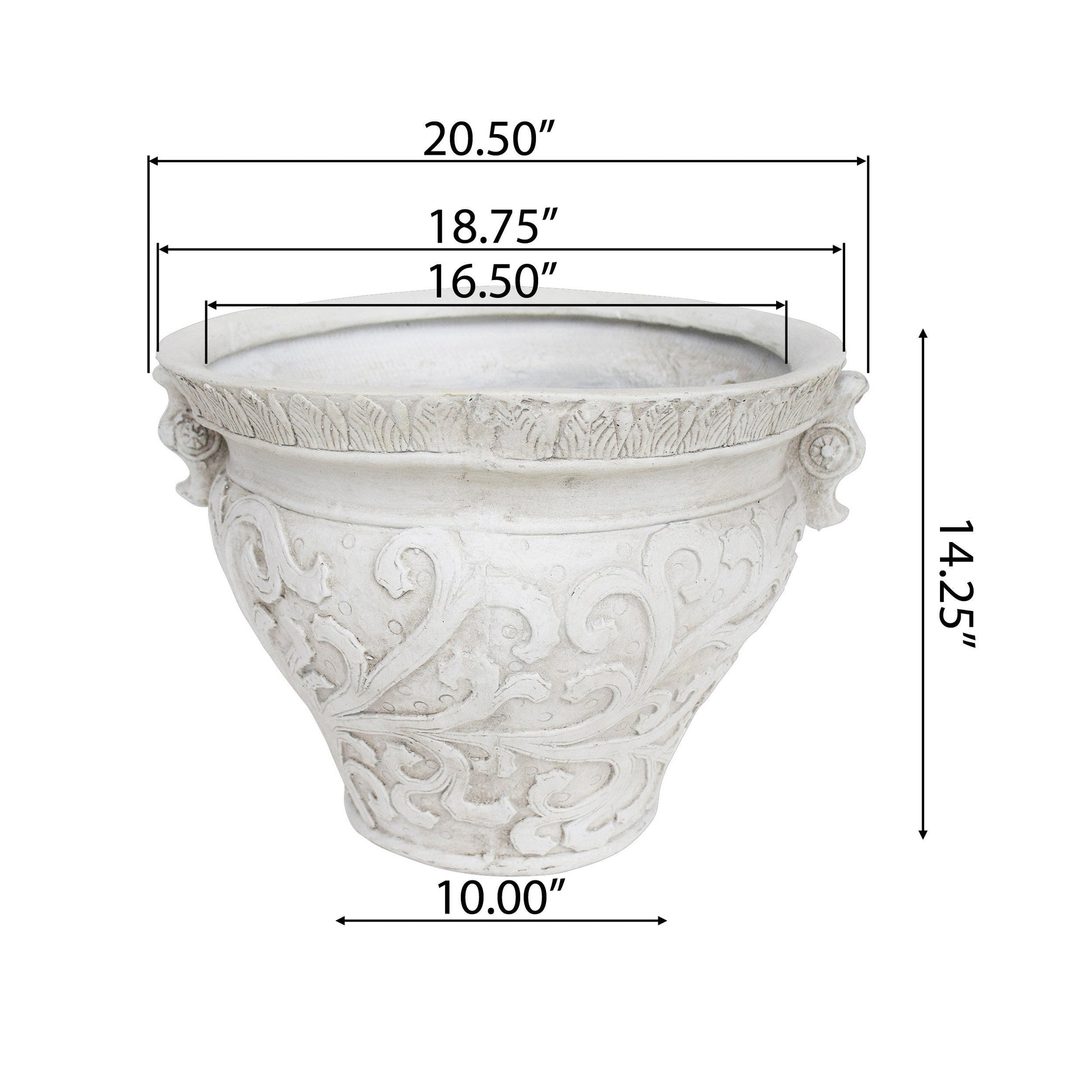 Largo planter by HouseOfZazla, ornate white stone-style planter with leaf motif, 20.5 in diameter on Tampa Home & Garden Store