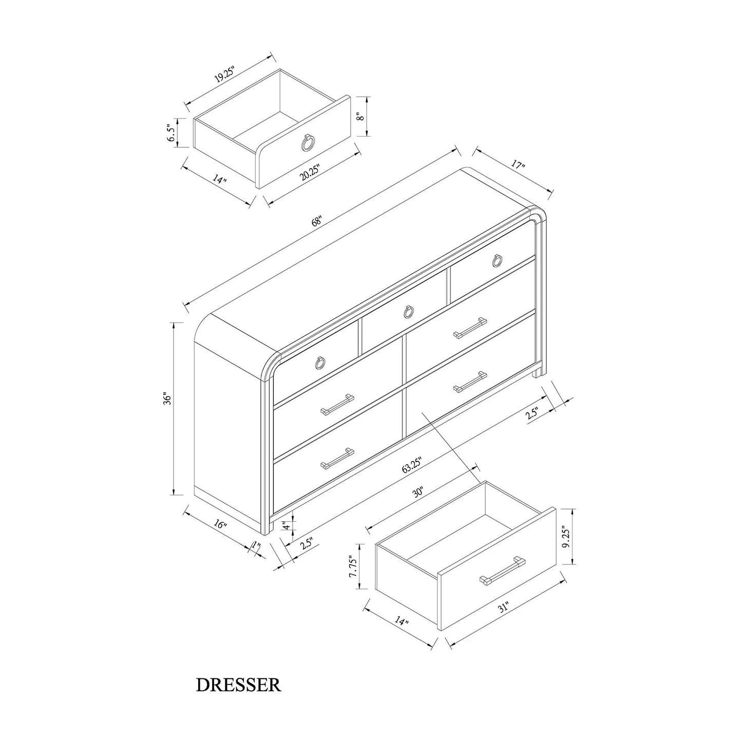 Malco 5 Piece Bedroom Set dresser blueprint by Unique Piece Furniture with isometric dimensions on Tampa Home & Garden Store