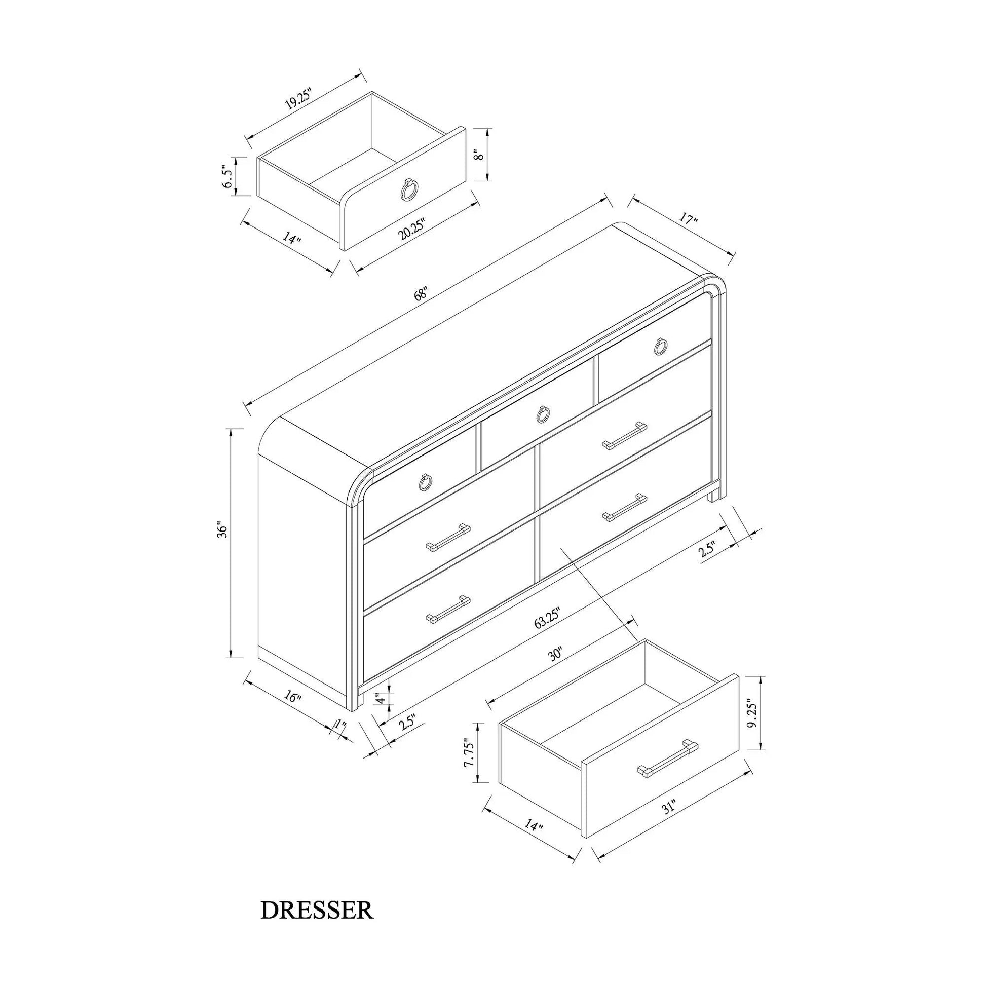 Malco 5 Piece Bedroom Set dresser blueprint by Unique Piece Furniture with isometric dimensions on Tampa Home & Garden Store