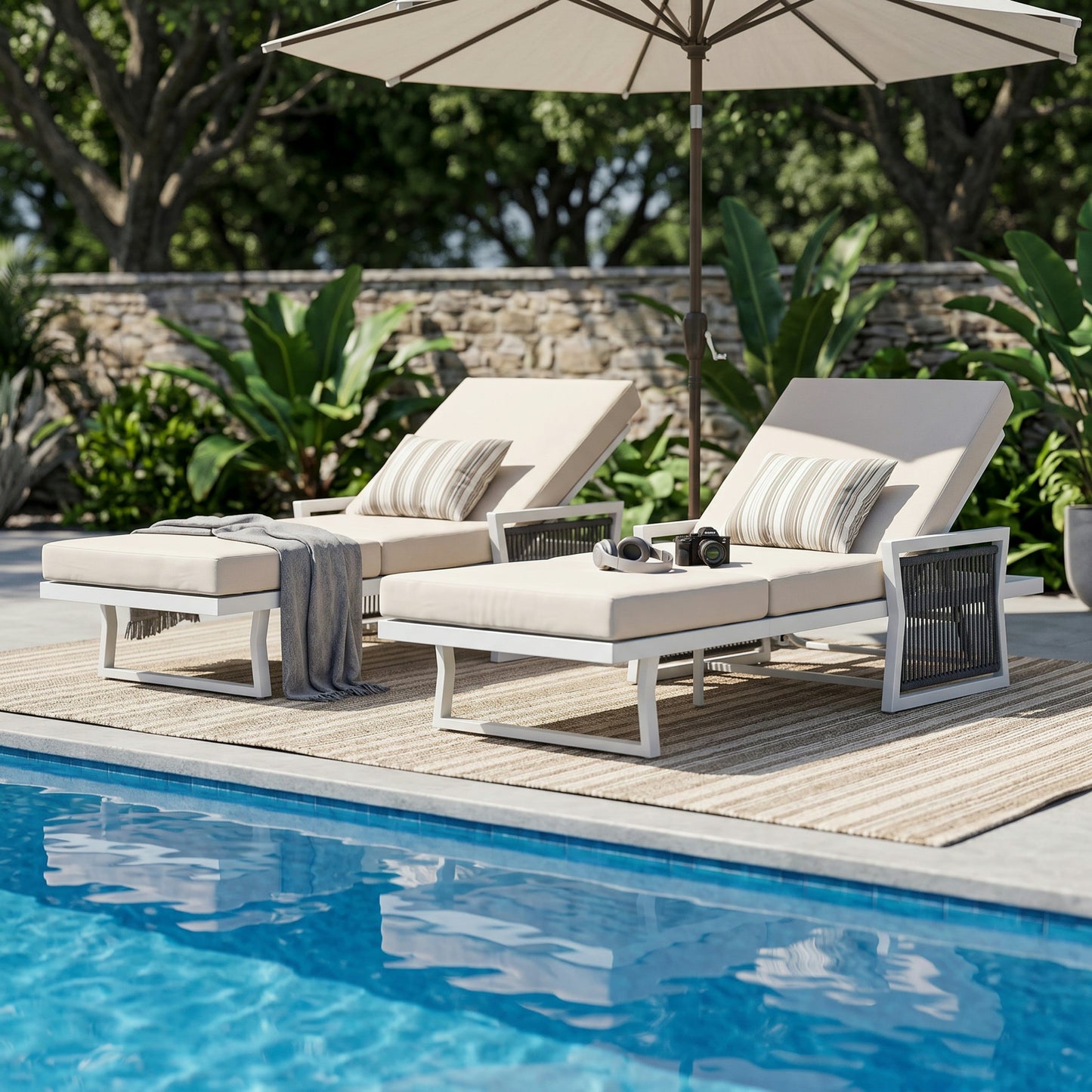White Iron Outdoor Chaise Lounge and Cushion