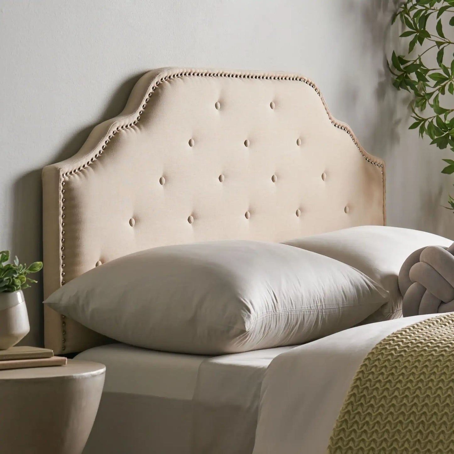 Luella Button Tufted Upholstered Headboard in beige fabric with nailhead trim by HouseOfZazla on Tampa Home & Garden Store