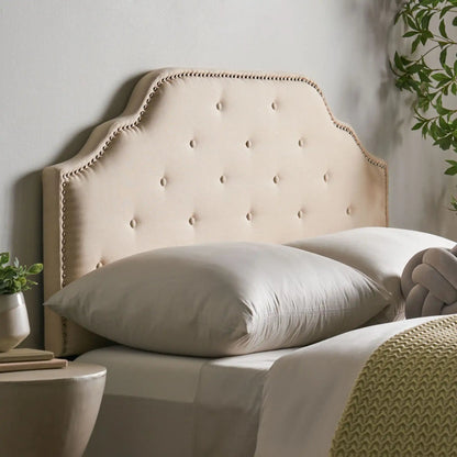 Luella Button Tufted Upholstered Headboard in beige fabric with nailhead trim by HouseOfZazla on Tampa Home & Garden Store