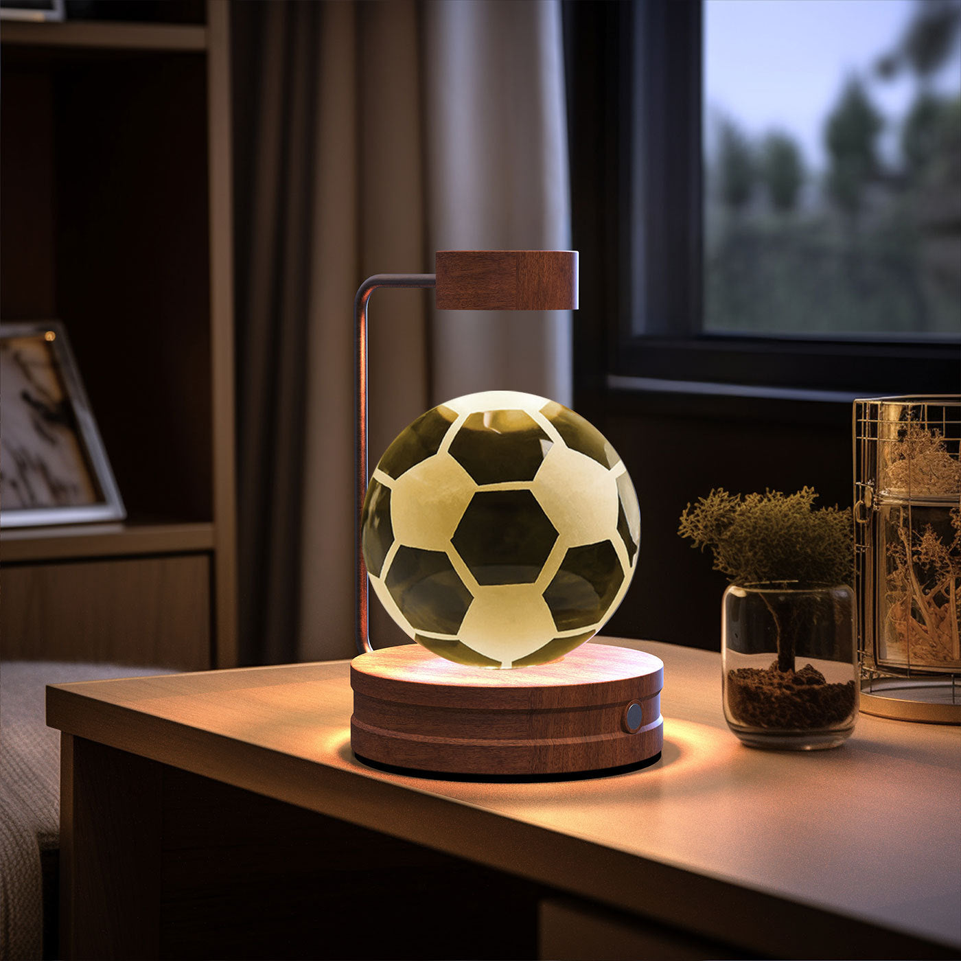 Crystal ball night light with warm glow, soccer-ball globe on wood base & metal arc USB powered on Tampa Home & Garden Store