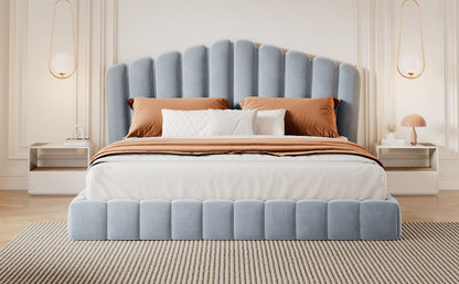 Velvet Upholstered Queen Bed with Shell Headboard