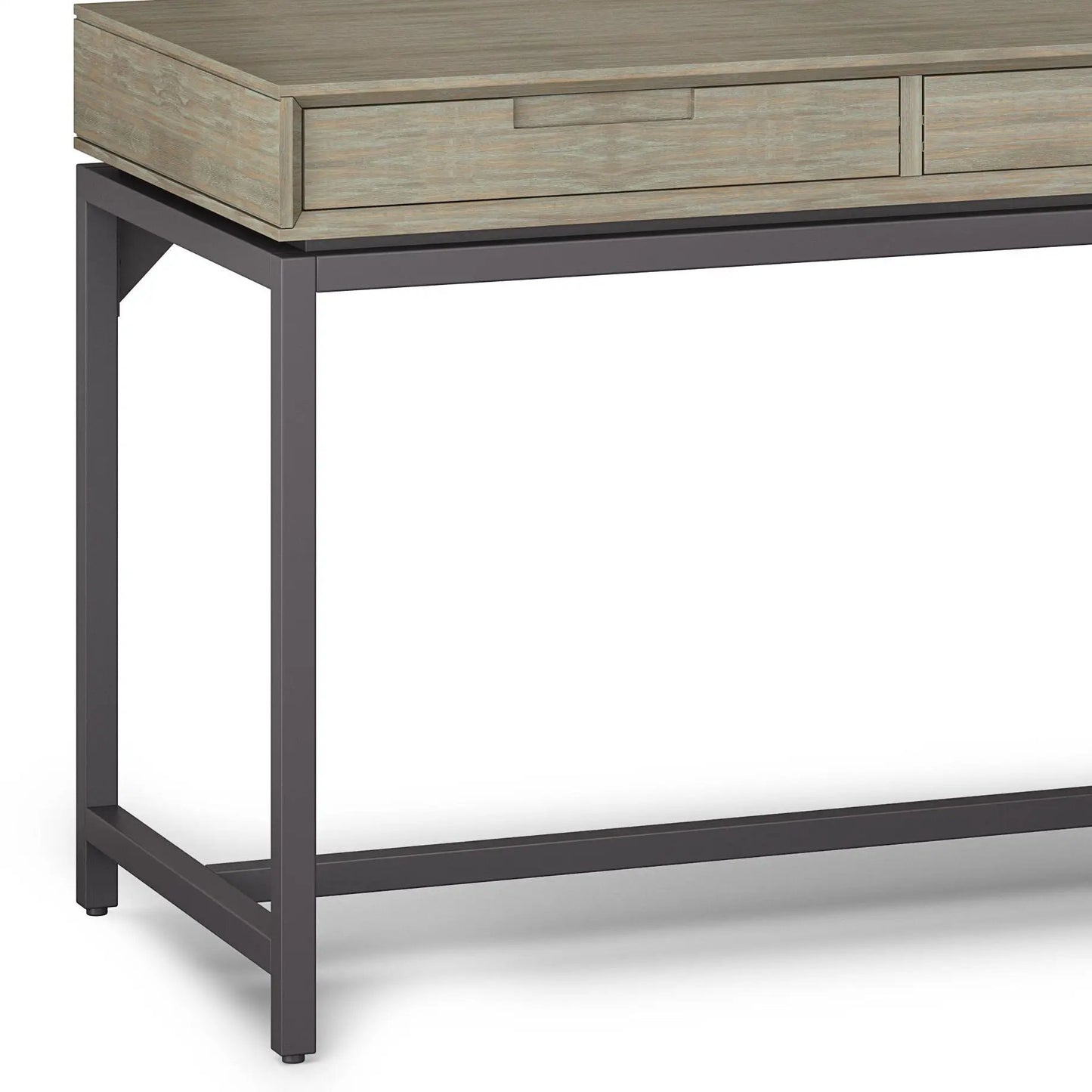 Banting mid-century wide desk handcrafted in weathered wood with gray metal frame and drawers on Tampa Home & Garden Store
