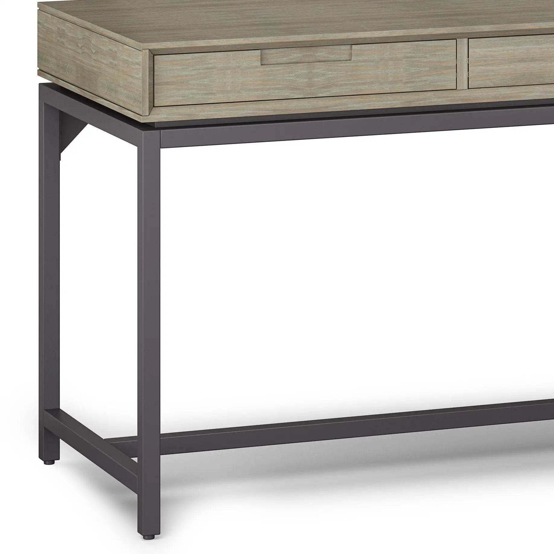 Banting mid-century wide desk handcrafted in weathered wood with gray metal frame and drawers on Tampa Home & Garden Store