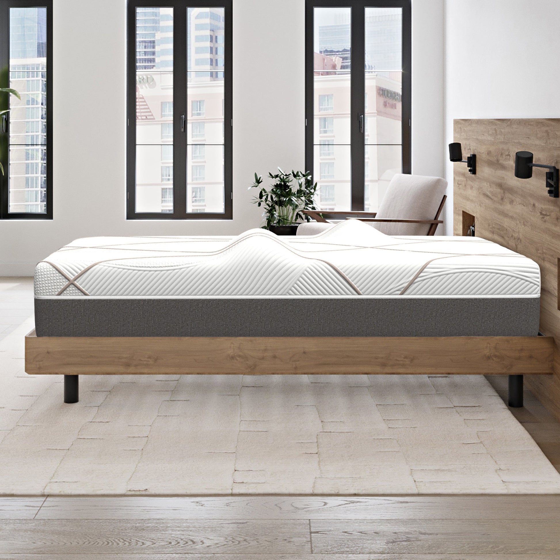 Ghostbed Massage Mattress Hybrid Profile mattress on wood platform bed HouseOfZazla on Tampa Home & Garden Store