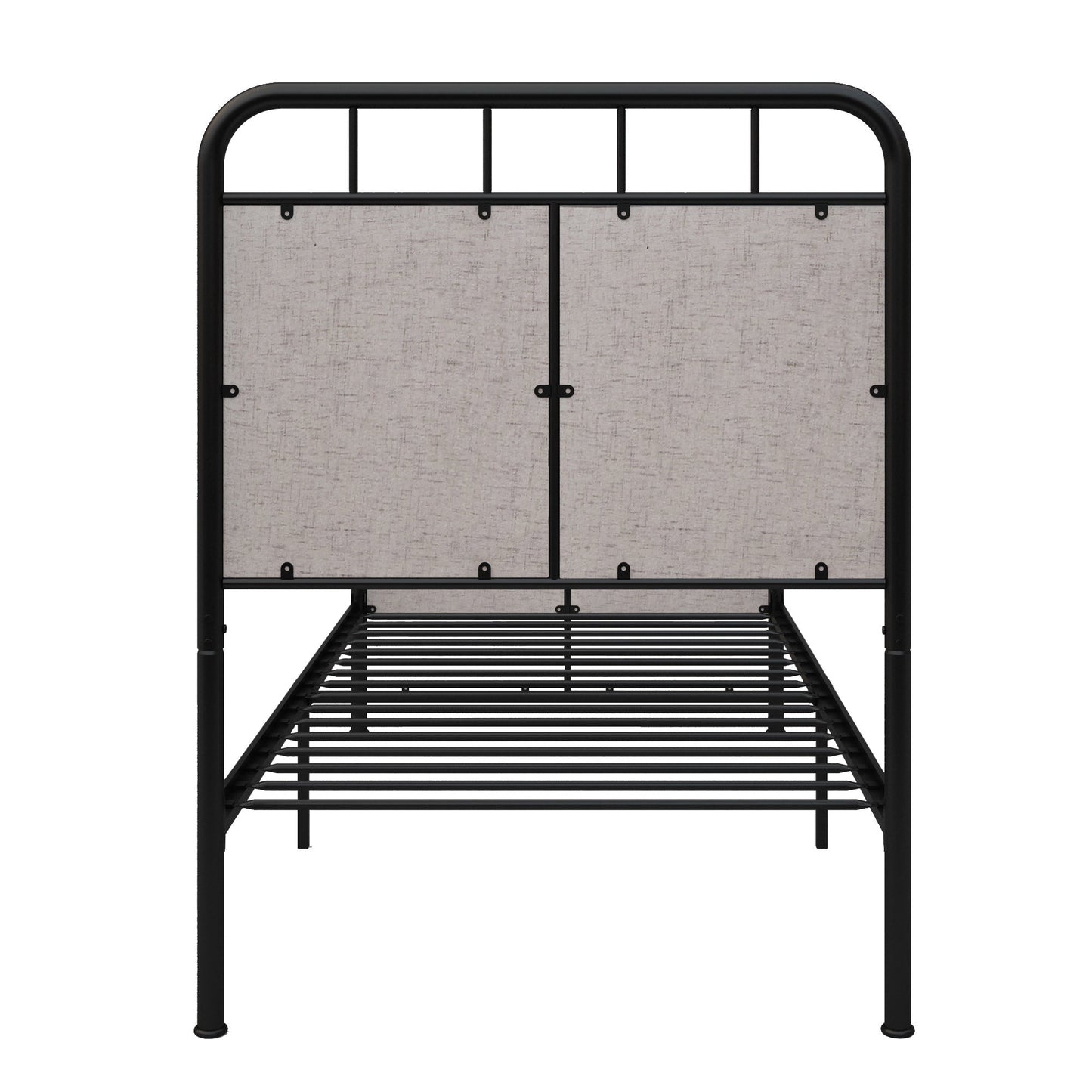 Twin size linen upholstered platform bed frame with headboard and footboard, black metal rails on Tampa Home & Garden Store