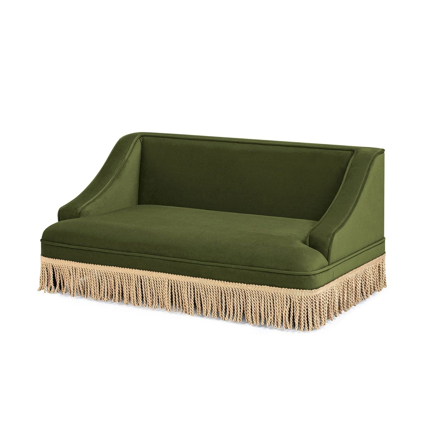 Duchess Pet Bed Sofa olive green velvet with beige fringe bottom HouseOfZazla cat bed on Tampa Home & Garden Store