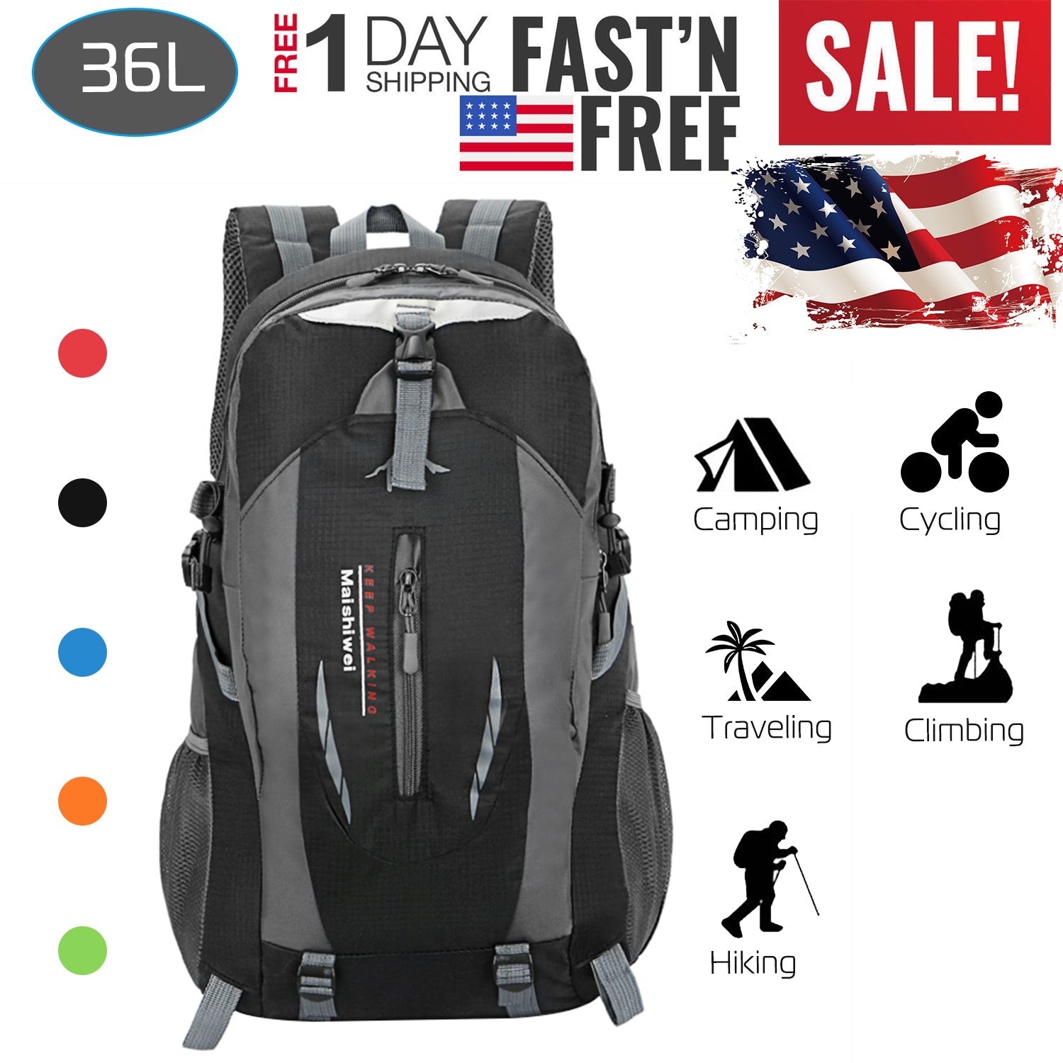 GemGear 36L waterproof hiking backpack in black/grey with front zipper and padded straps on Tampa Home & Garden Store